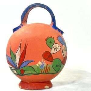 Vtg Handmade Painted Terracotta Pitcher Vase Mexican Wedding Jug Desert Cacti